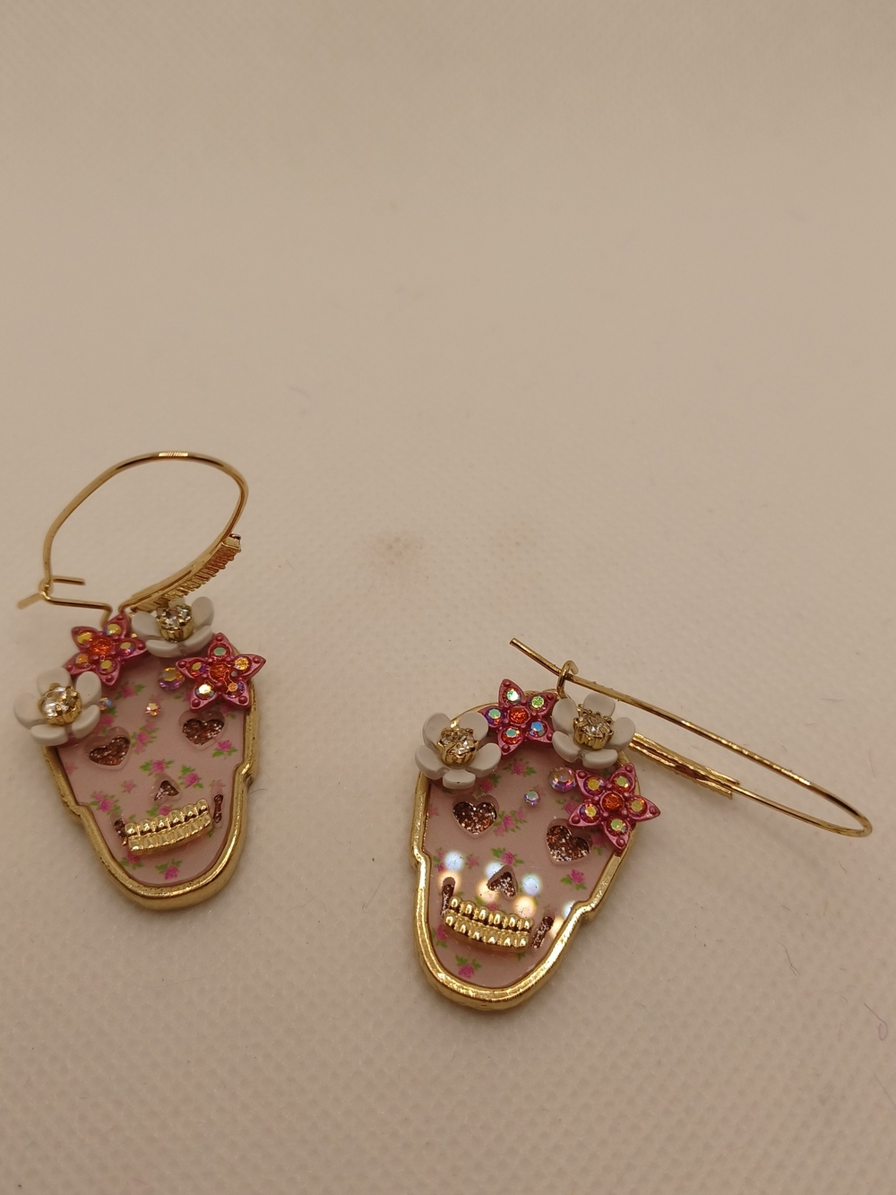 Gold-Tone Pink Floral Sugar Skull Drop Earrings Betsy Johnson